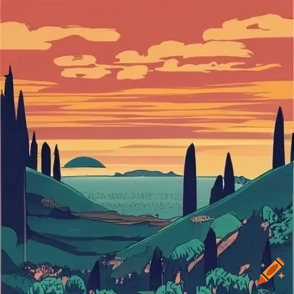 Italian landscape during sunset in Toscana with Ukiyo-e style