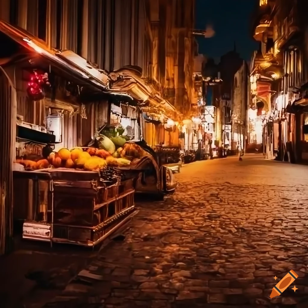Warm and cozy Istanbul morning with steam rising from the streets and a truck full of fresh fruits