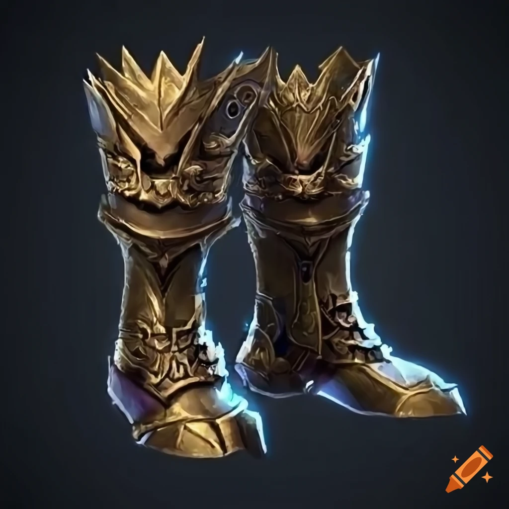 Adorned mithril plated knight boots with magic aura for RPG game