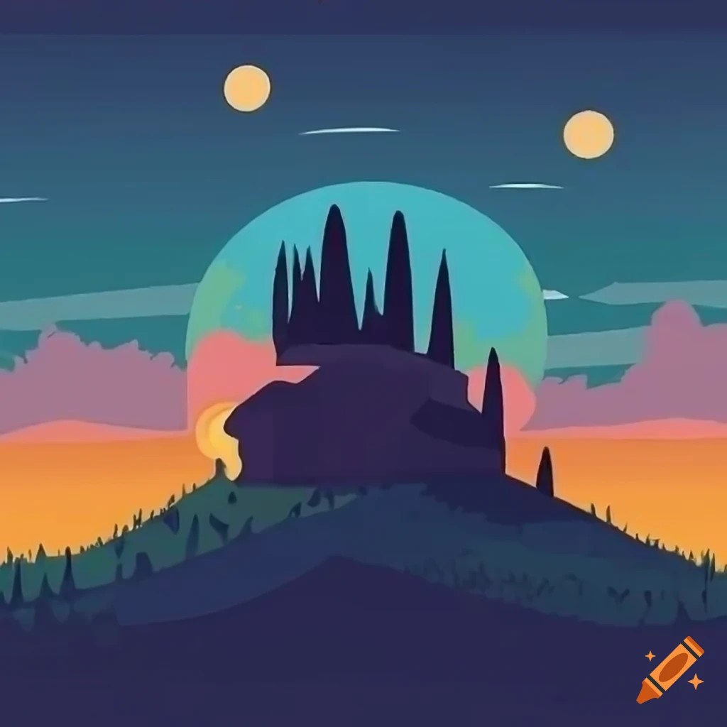 Italian landscape at sunset in Toscana with a starry night sky in a Shagall Style anime illustration