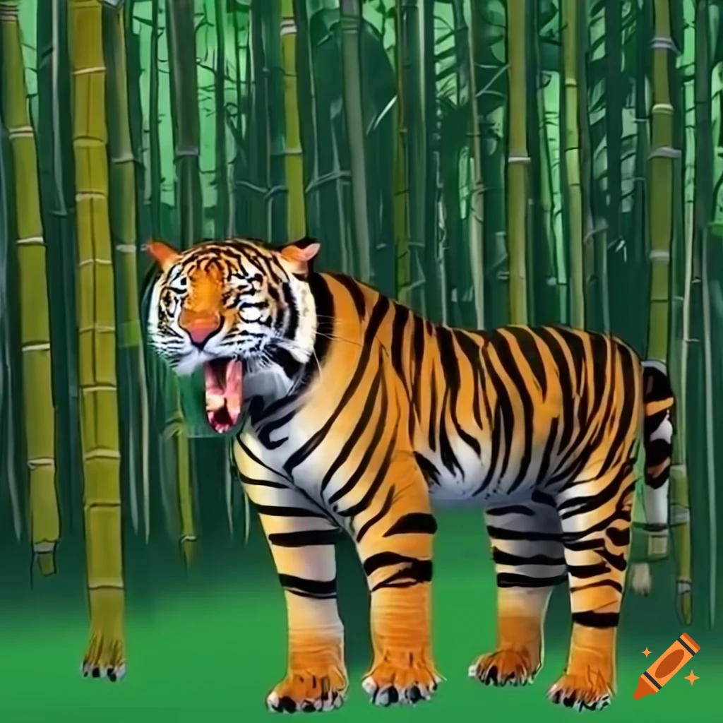 Roaring tiger in lush bamboo grove with sunlight filtering through leaves