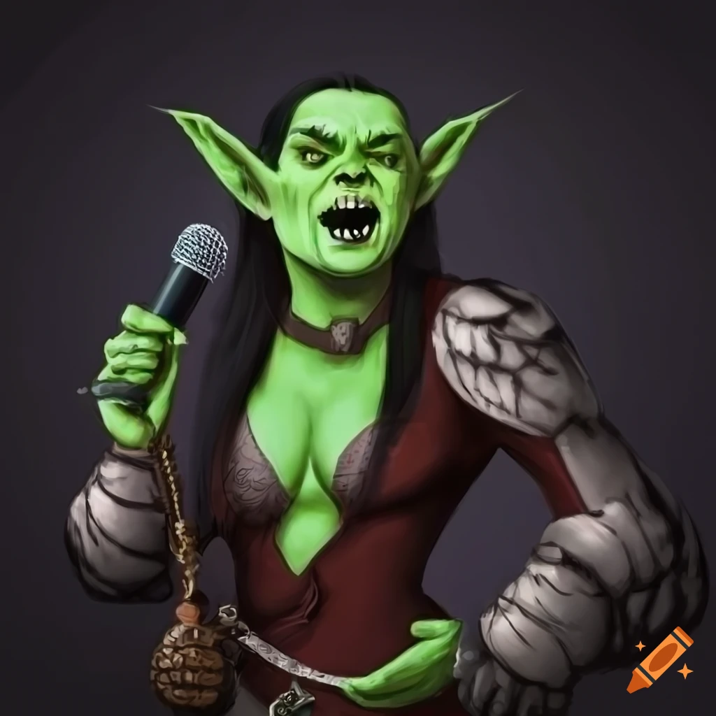 Female orc singing with a microphone in a black cardigan