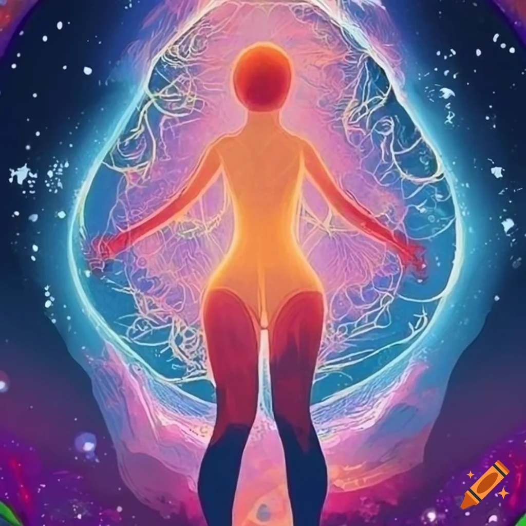 Human aura with bright warm colors and stars in an Ukiyo-e style illustration