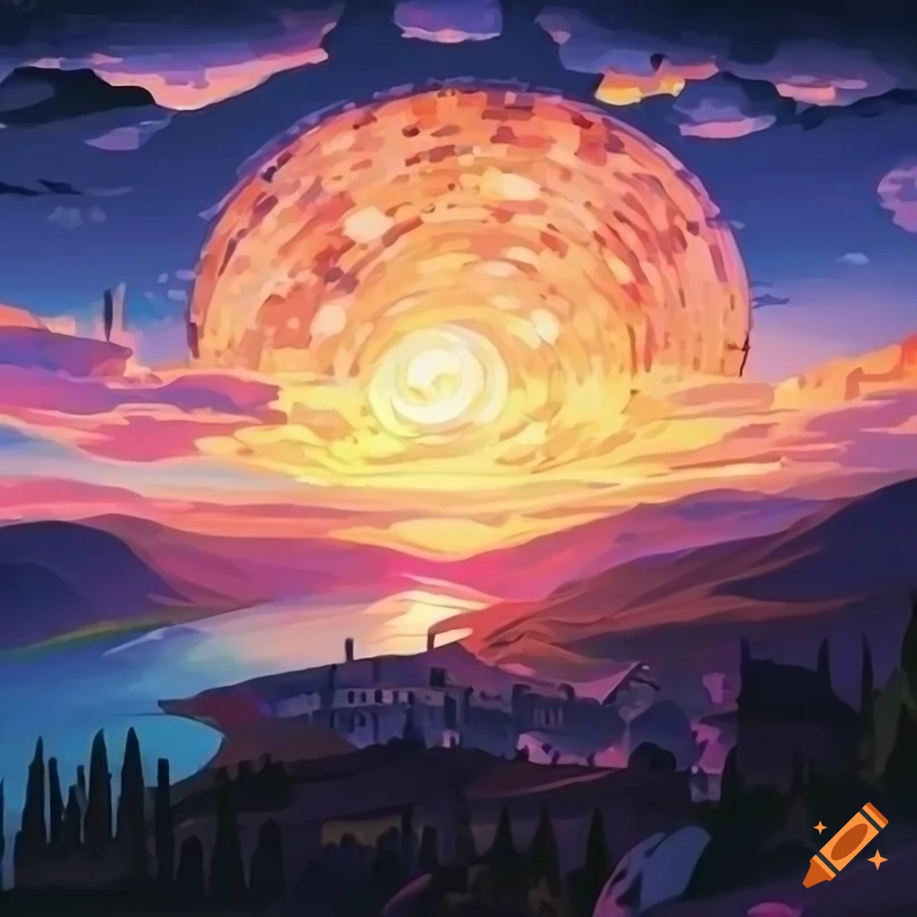 Italian landscape at sunset in Toscana with a starry night sky in a Shagall Style anime illustration