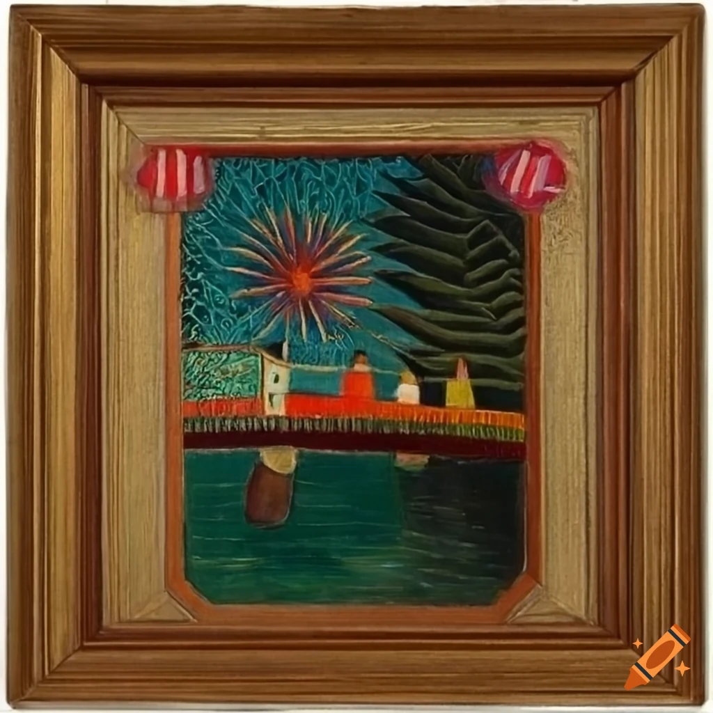 Lake with fireworks and a bridge in the style of various artists in a frame