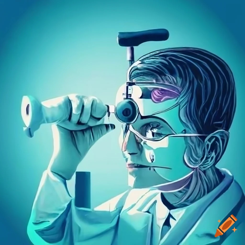 Ophthalmologist examining patient's eye with an ophthalmoscope and stethoscope