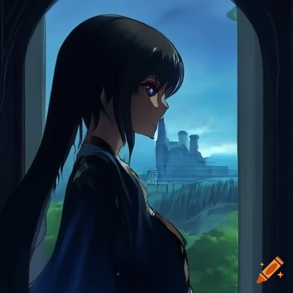 Anime princess with black hair looking out of a castle window