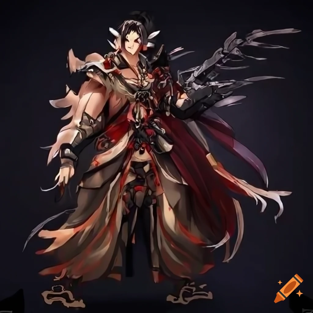Anime character with black fire hair at a Japanese temple with robotic armor