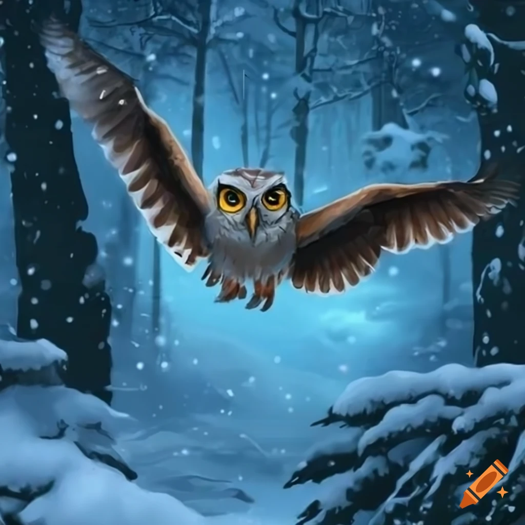 Owl flying through snowy forest during blizzard in fantasy setting