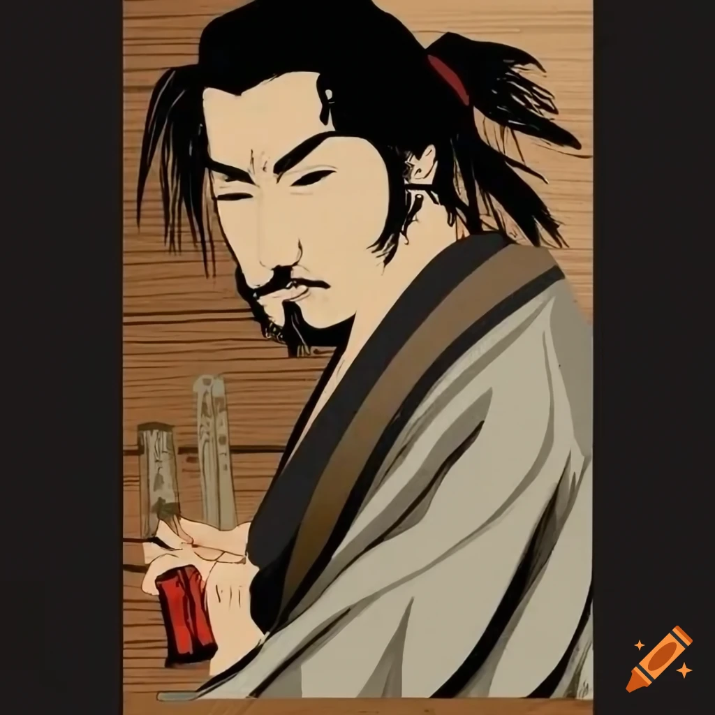 Samurai Miyamoto Musashi in ukiyo-e style with a post-apocalyptic twist