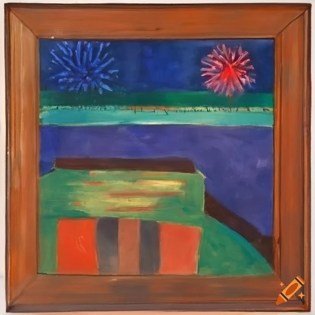 Lake with fireworks and a bridge in the style of Matisse, Paul Klee, Milton Avery, and Jacob Lawrence