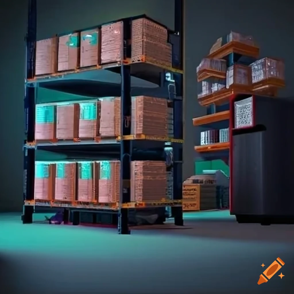 Small tech product warehouse with boxes placed on conventional shelves