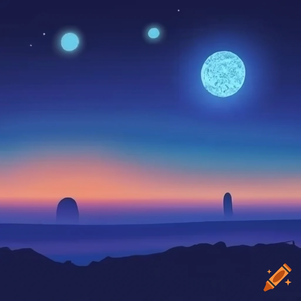 Italian landscape at sunset in Tuscany with a starry night sky in a Shagall Style