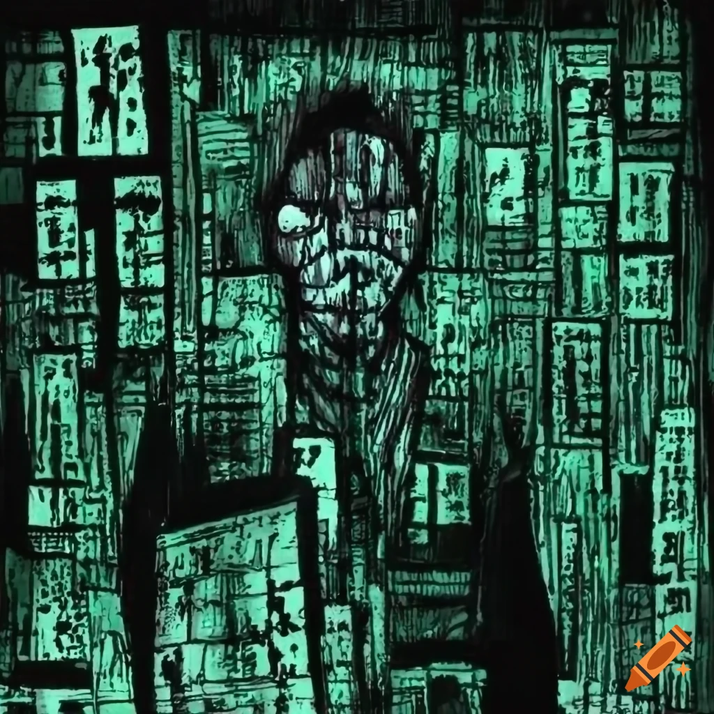 Hacker trapped in the Matrix in Ukiyo-e style artwork with a manga influence