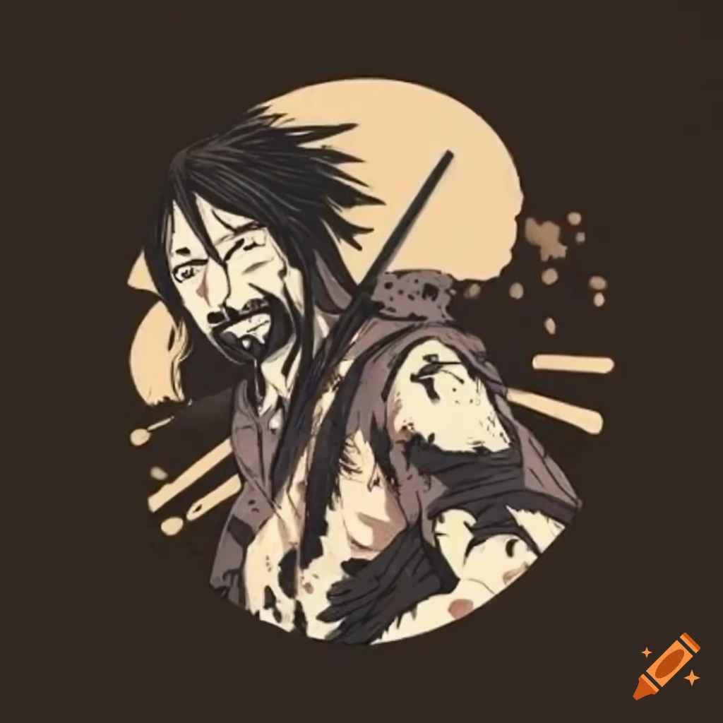 Samurai Miyamoto Musashi in ukiyo-e style with a post-apocalyptic twist