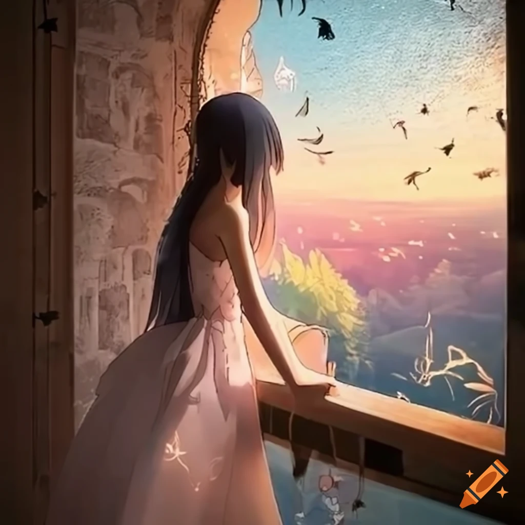 Anime princess girl looking out of a castle window