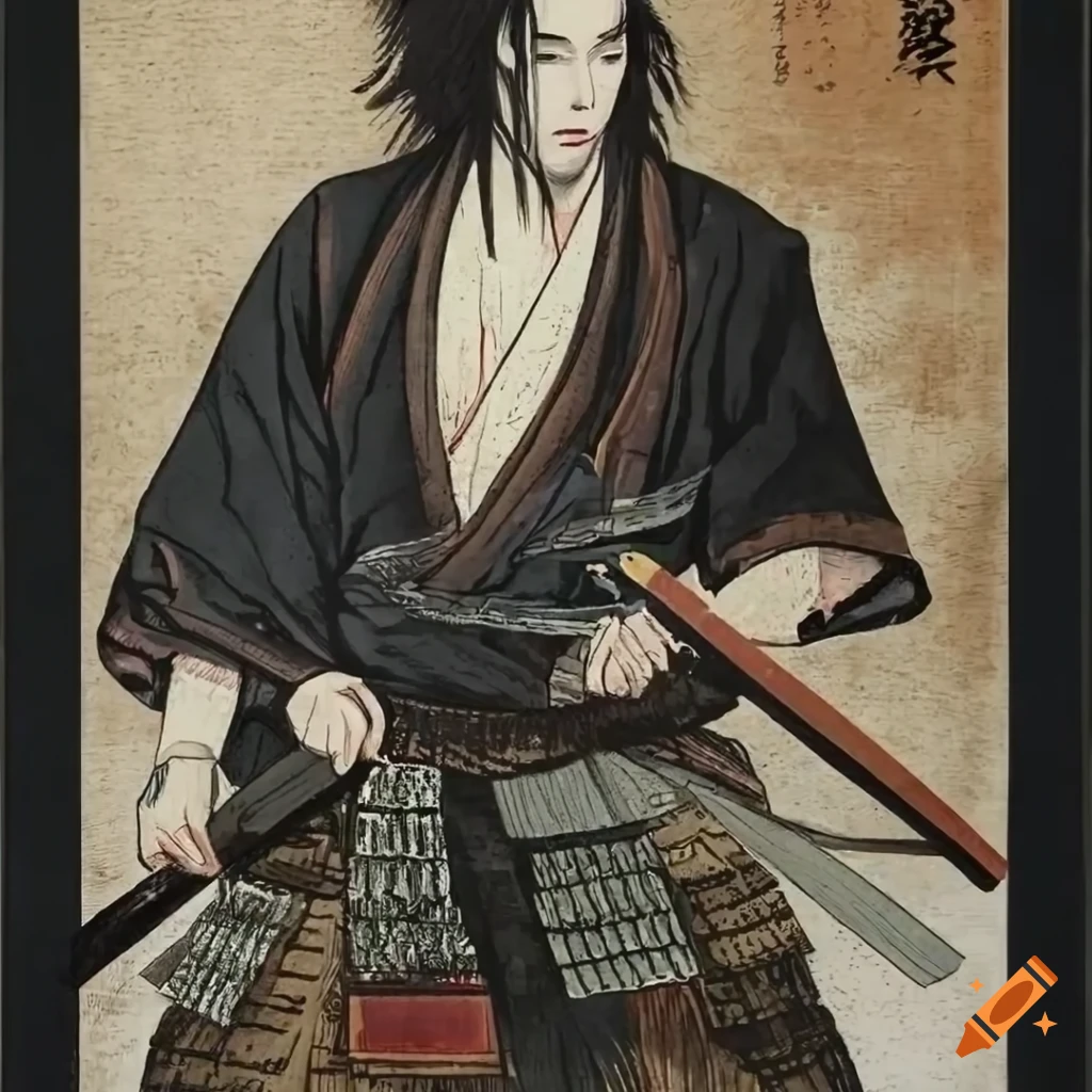 Samurai Miyamoto Musashi in Ukiyo-e style with a post-apocalyptic twist