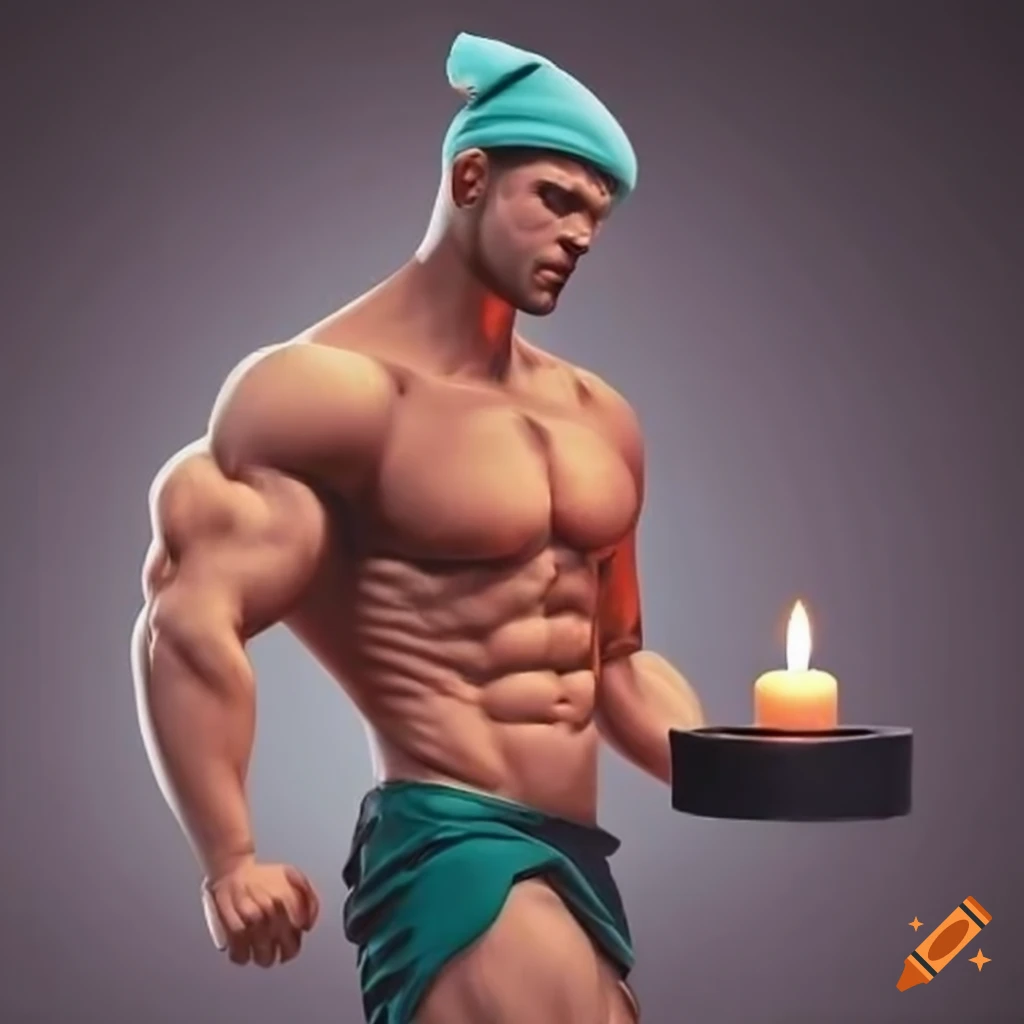 Muscular man wearing a night cap and holding a candle holder