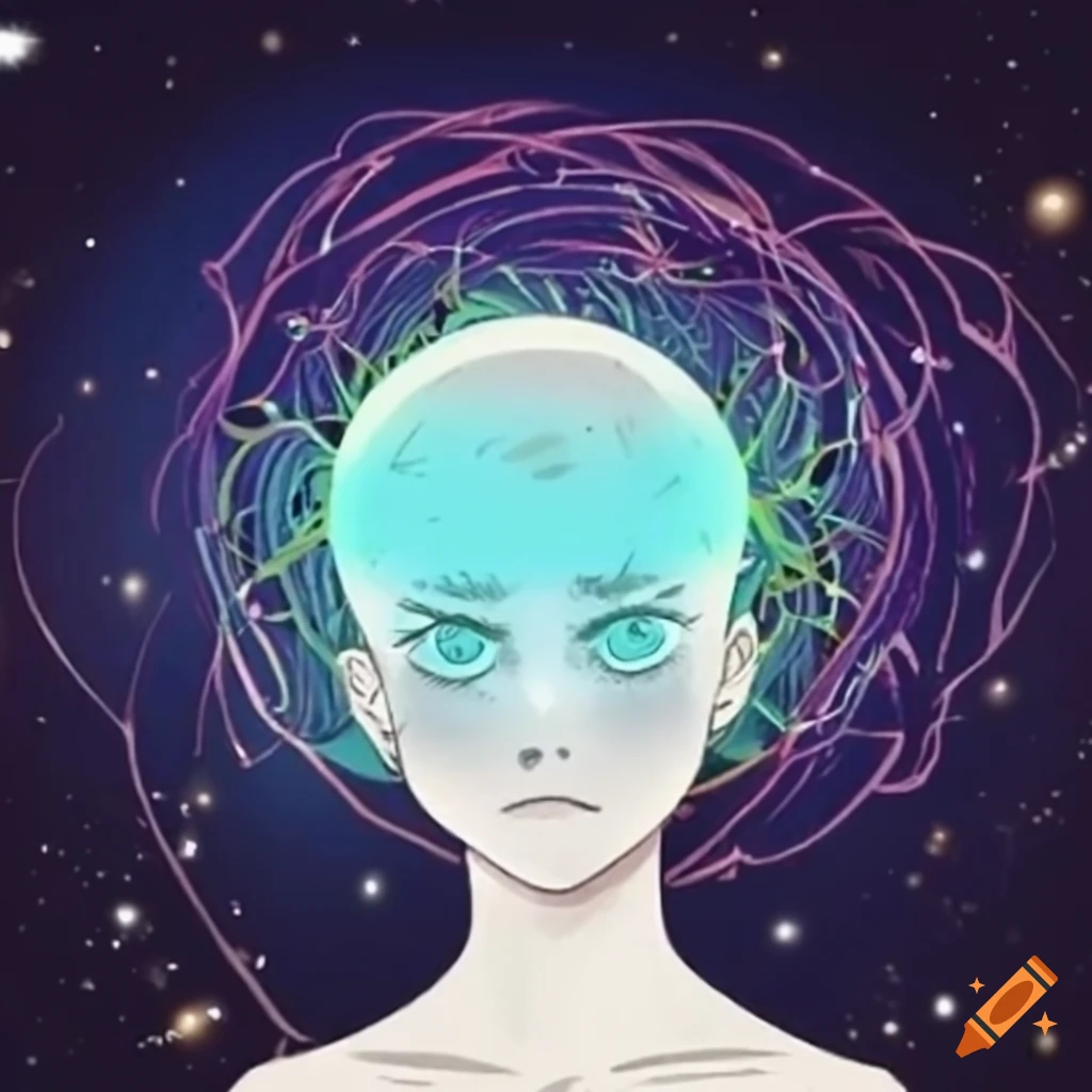 Human aura with bright warm colors and stars and planets in a Ukiyo-e style anime illustration