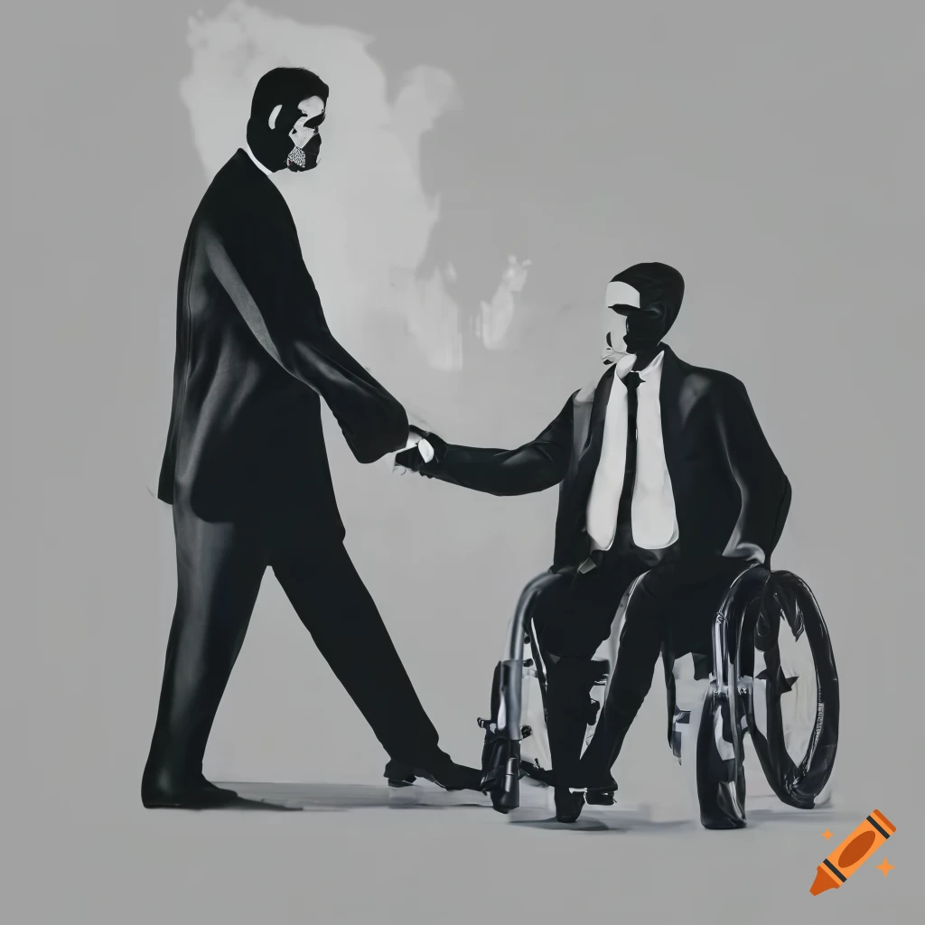 Business handshake between two men, one in a wheelchair, in a professional setting