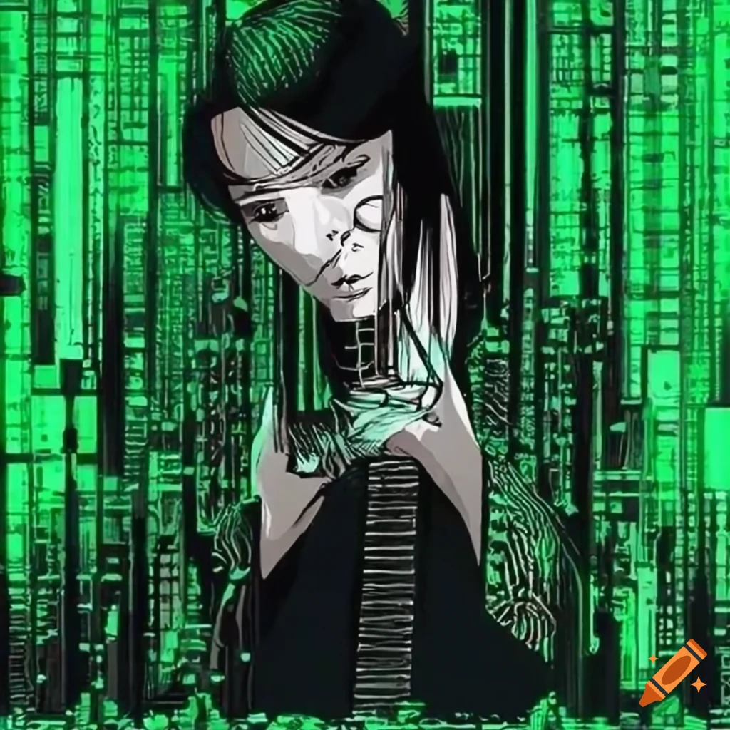 Hacker trapped in the Matrix in Ukiyo-e style with a manga twist