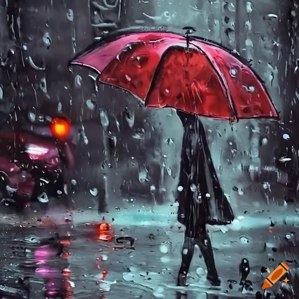 Raining in the street with an artist creating art