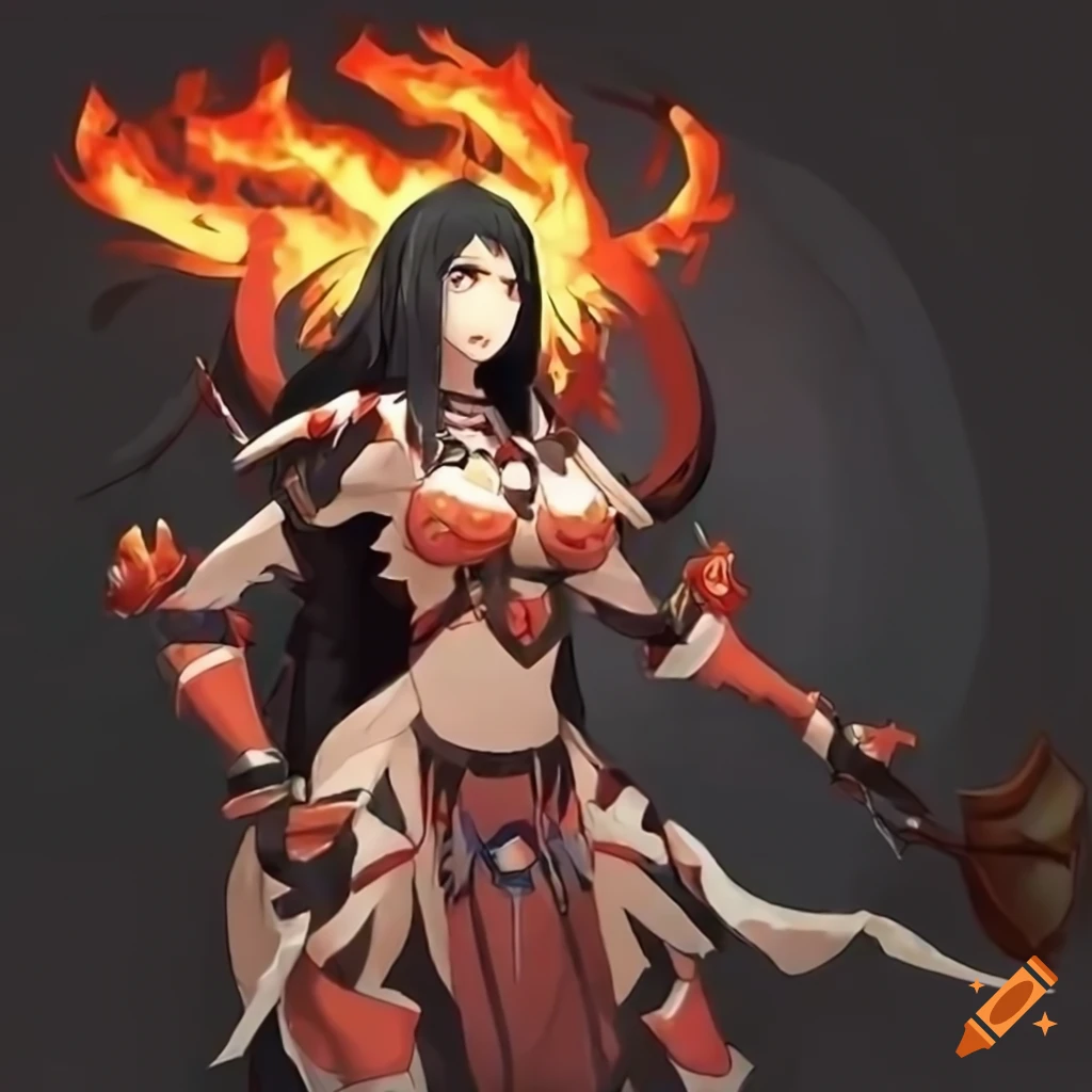 Anime shaman with black fire hair in temple cloth and robotic armor