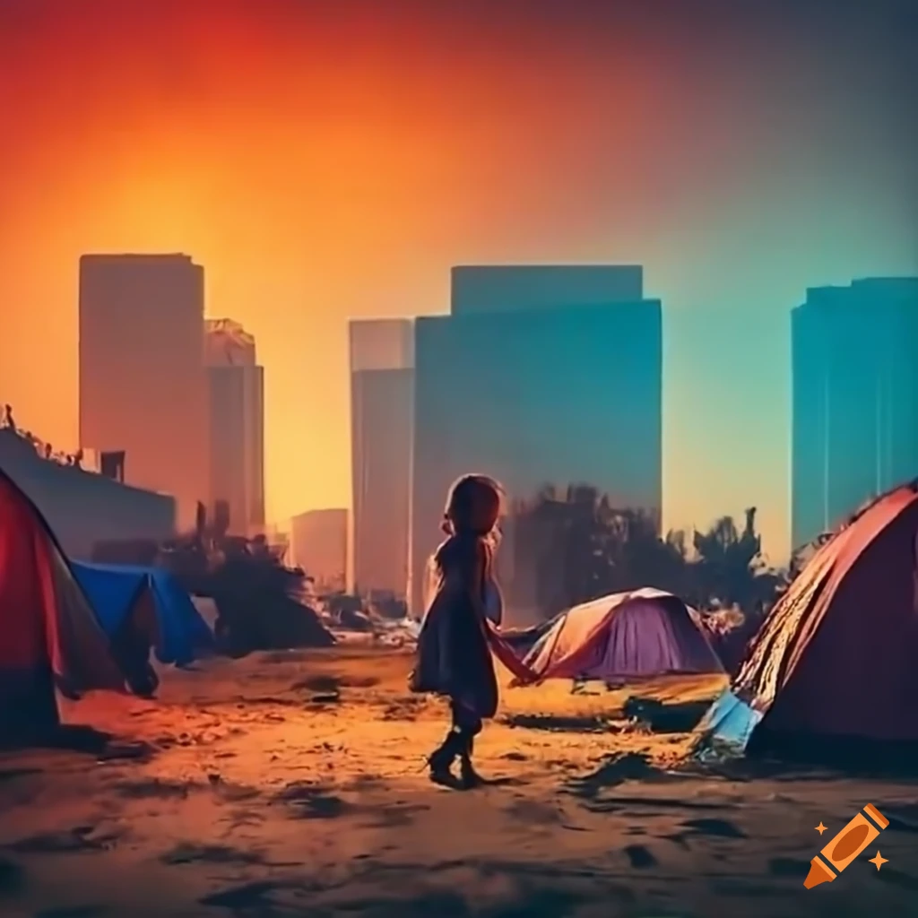 People living in tents on the streets of Los Angeles under smog and red sun