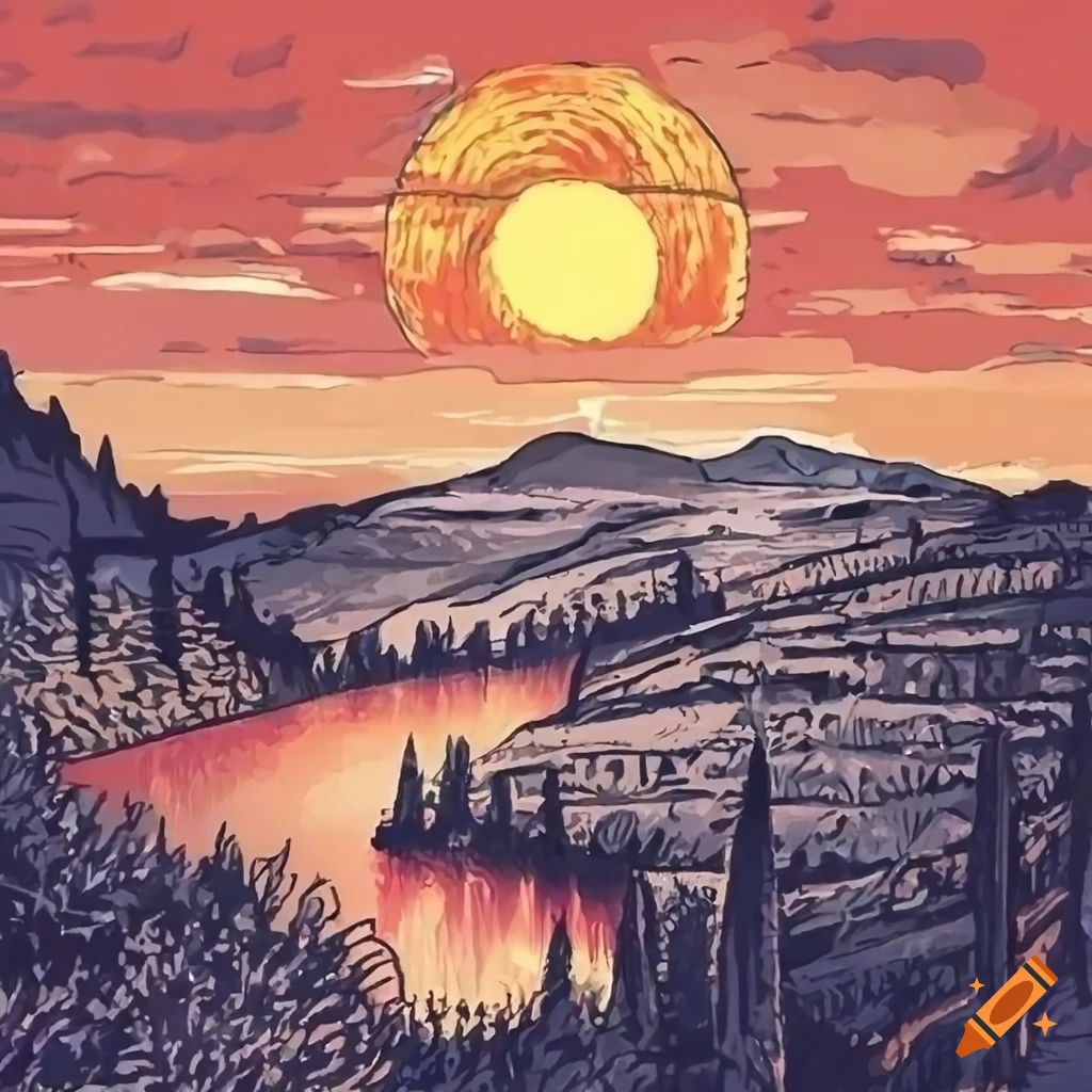 Italian landscape at sunset in Toscana with a starry night sky in a Shagall Style anime illustration
