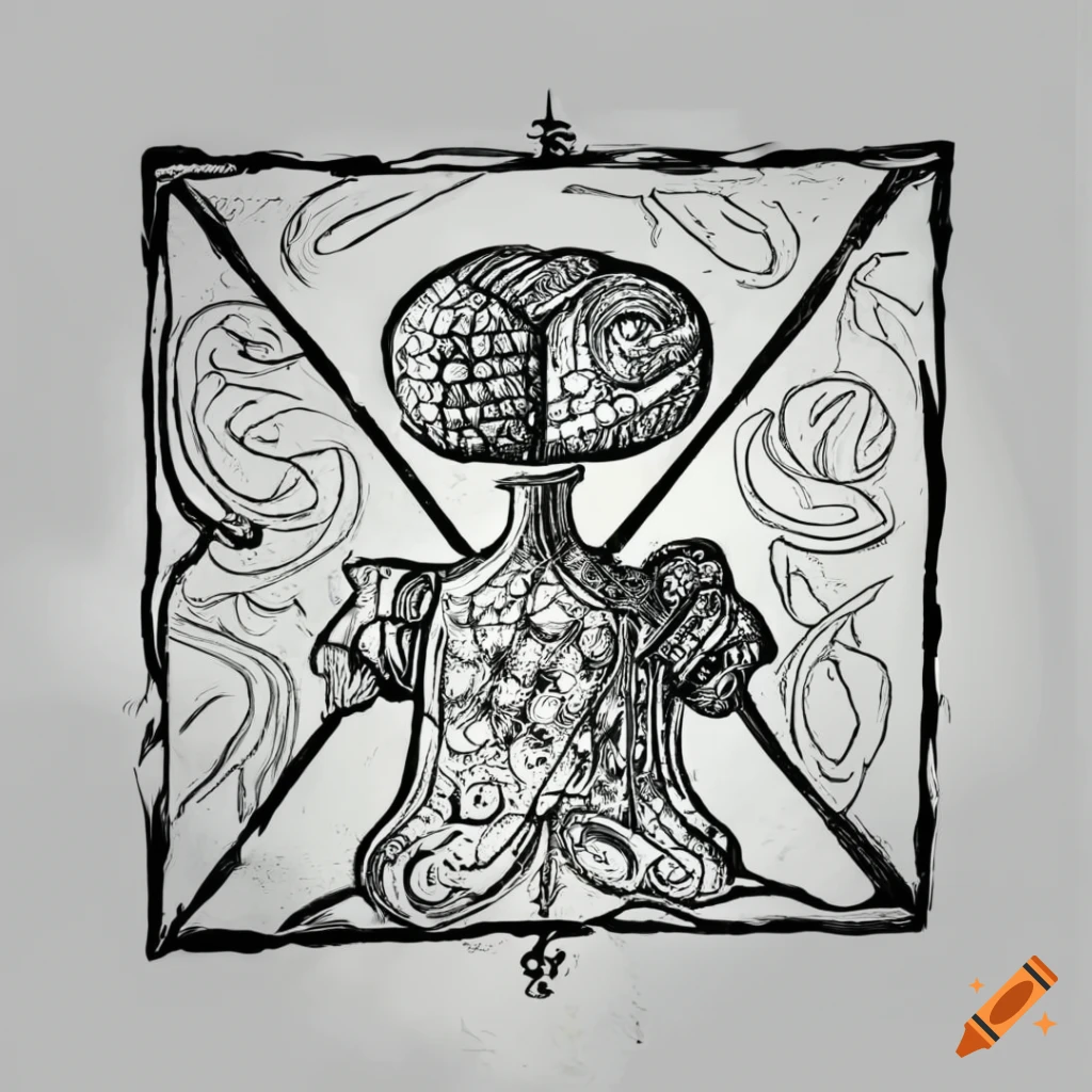Medieval illuminated style logo on white background with a man projecting ideas from his brain
