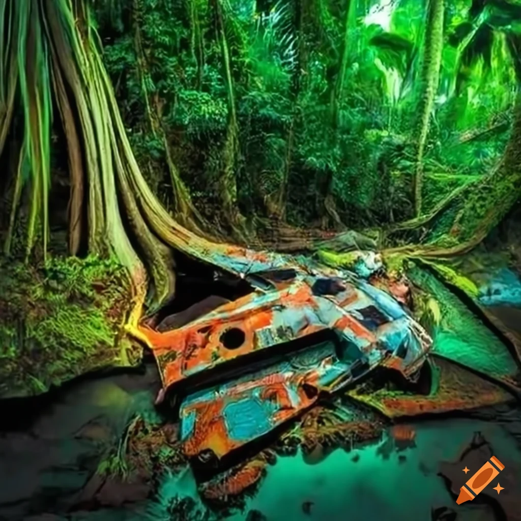 Crashed spaceship in a vibrant tropical rainforest