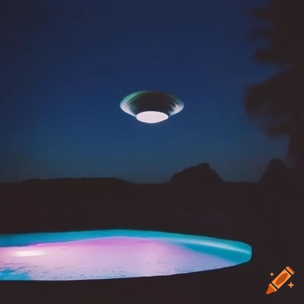 Late night outdoor pool with an alien and UFO in the sky