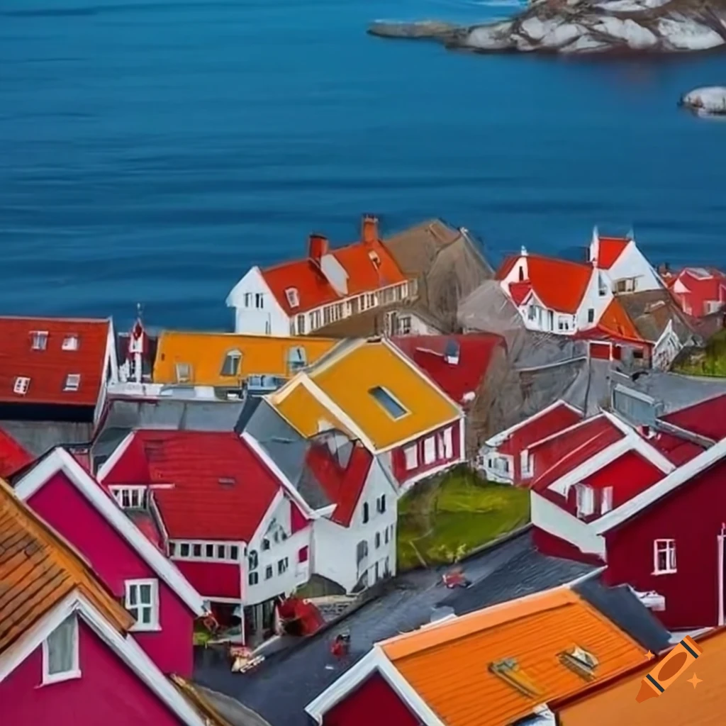 Aerial view of a small town seaside with red and yellow rooftops in ...