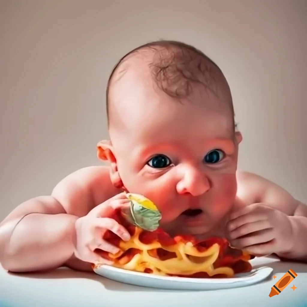 Newborn baby bottle feeding with Italian food