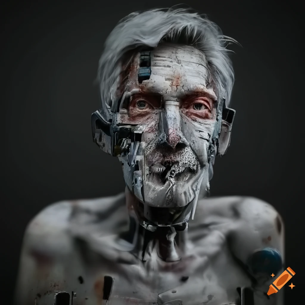 Photorealistic portrait of a handsome elderly cyborg with rusted parts