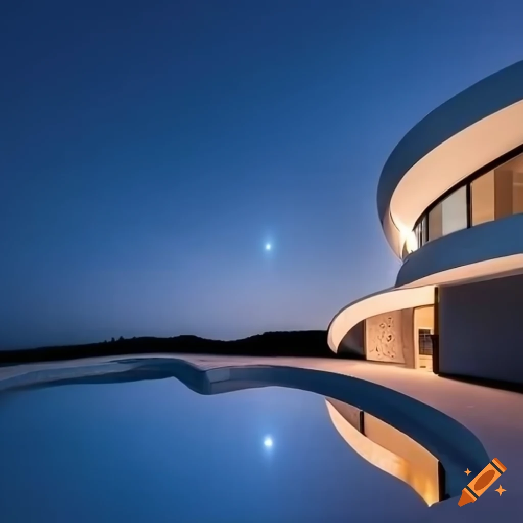 Modern white villa with curves and a pool under a starry sky at sunset