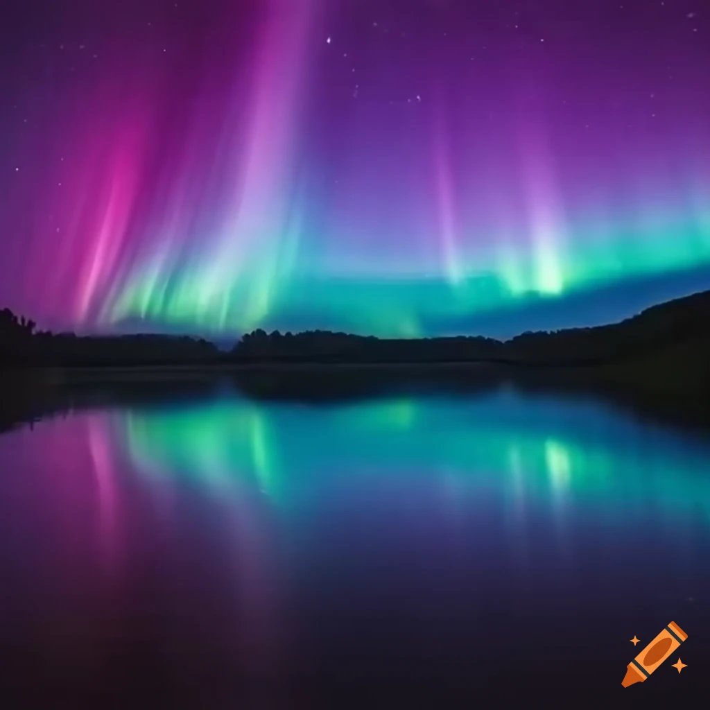 Beautiful aurora lights of pink and blue over a water island