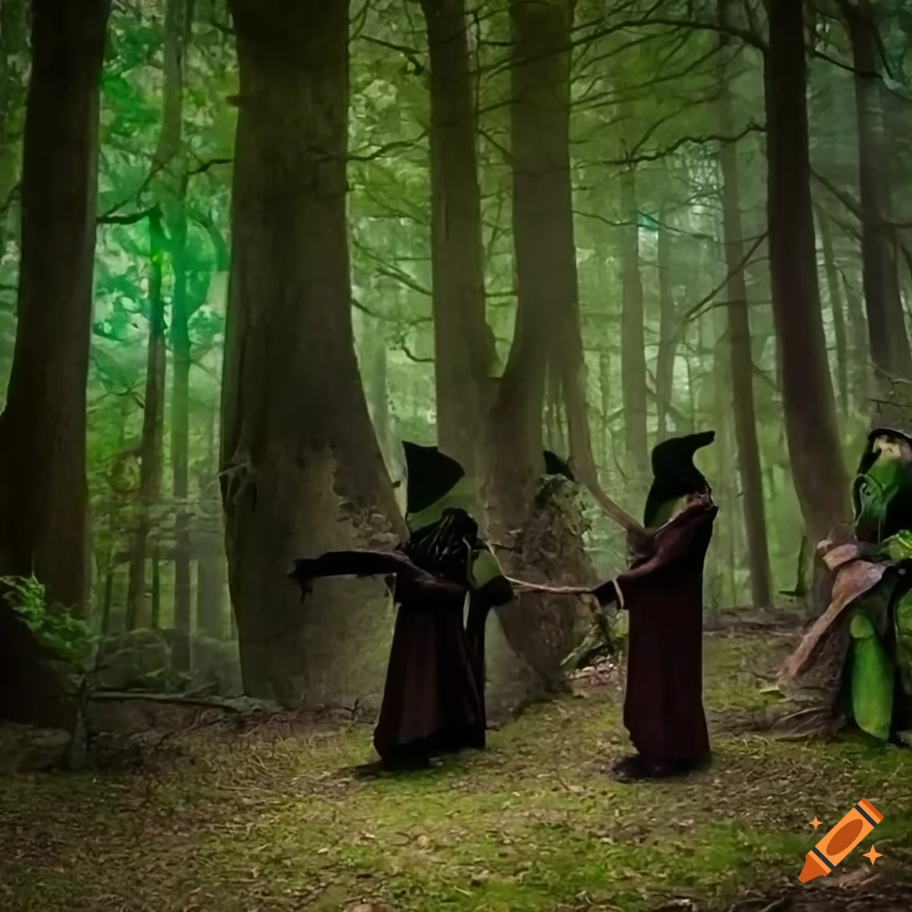Enchanted forest with green goblins in cultist robes and weapons