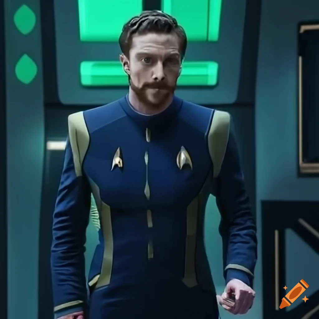 Aaron Taylor-Johnson as a Starfleet Captain hit by green beam from Giant metal Skull