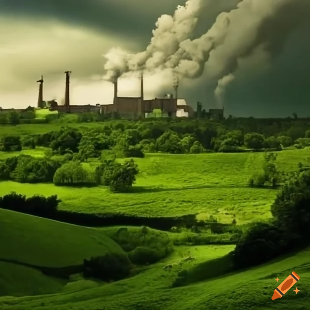 Factory polluting lush green countryside