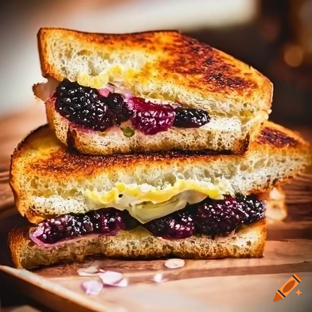 Gourmet blackberry and basil grilled cheese sandwich on artisanal bread