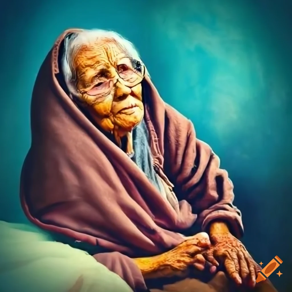 Storybook poster featuring an old woman with a monkey wearing traditional attire