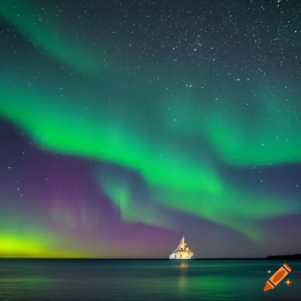 Enchanting night scene of an island with Northern Lights and a distant sailboat