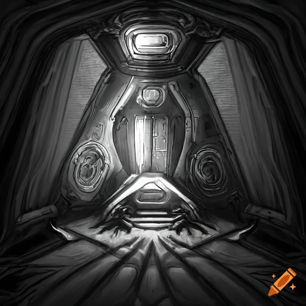 Futuristic chest compartment opening with steam in black and white drawing