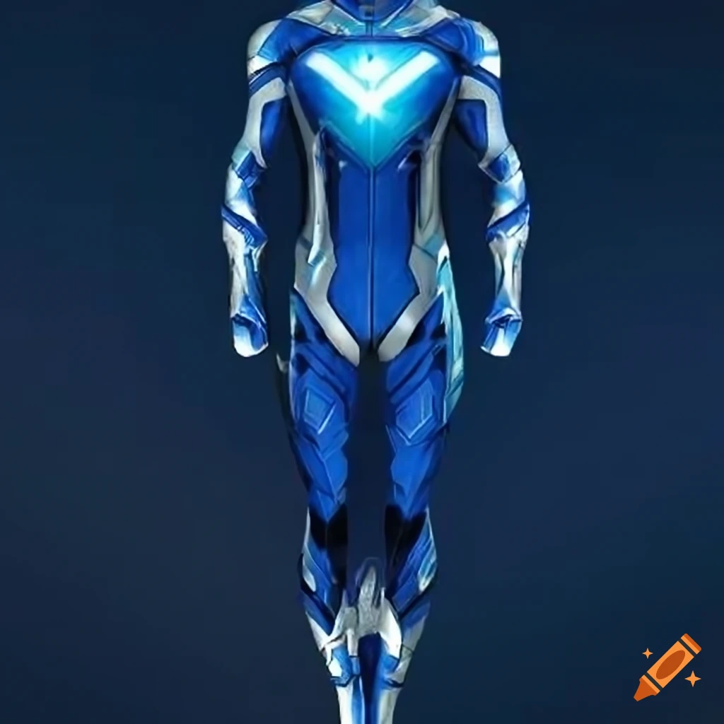 Superhero suit design in deep blue and silver accents with constellation patterns