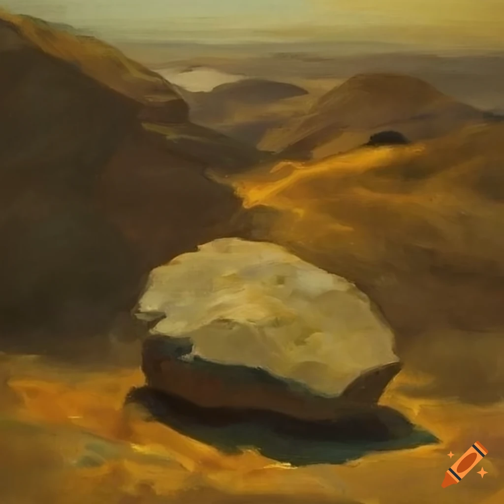 Frank Duveneck painting of an isolated rock with a blanket over it