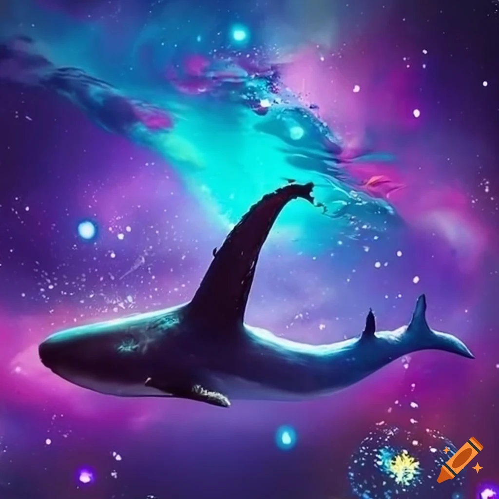 Cosmos whale swimming with its partner in a colorful setting