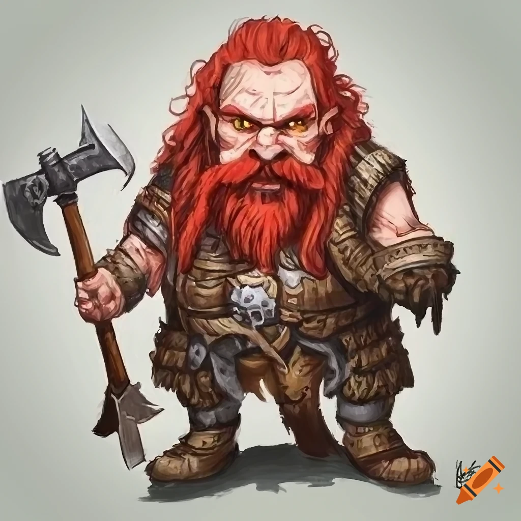 Fantasy dwarf with red long beard, helmet, and axe drawing