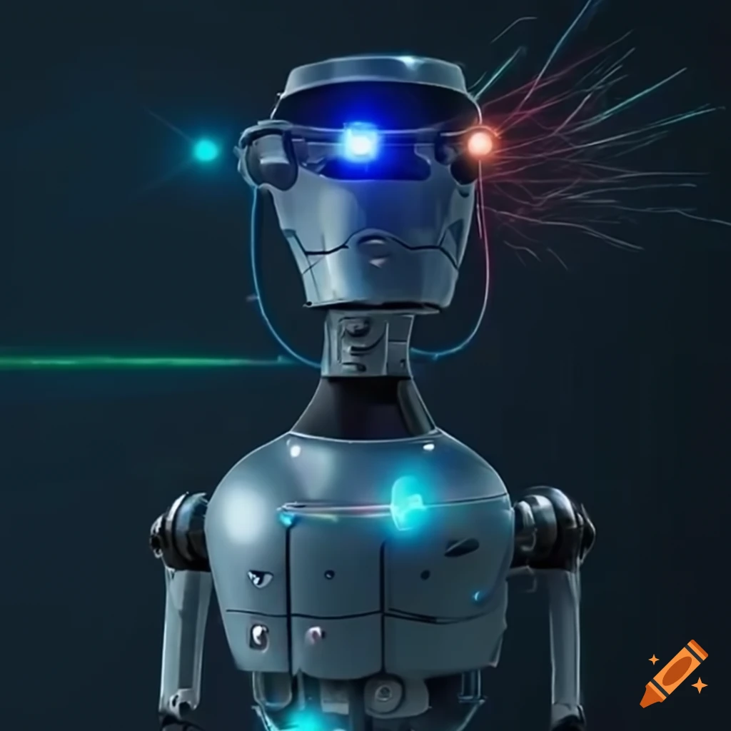 Space robot jumping and shooting lasers with a bucket head on Craiyon