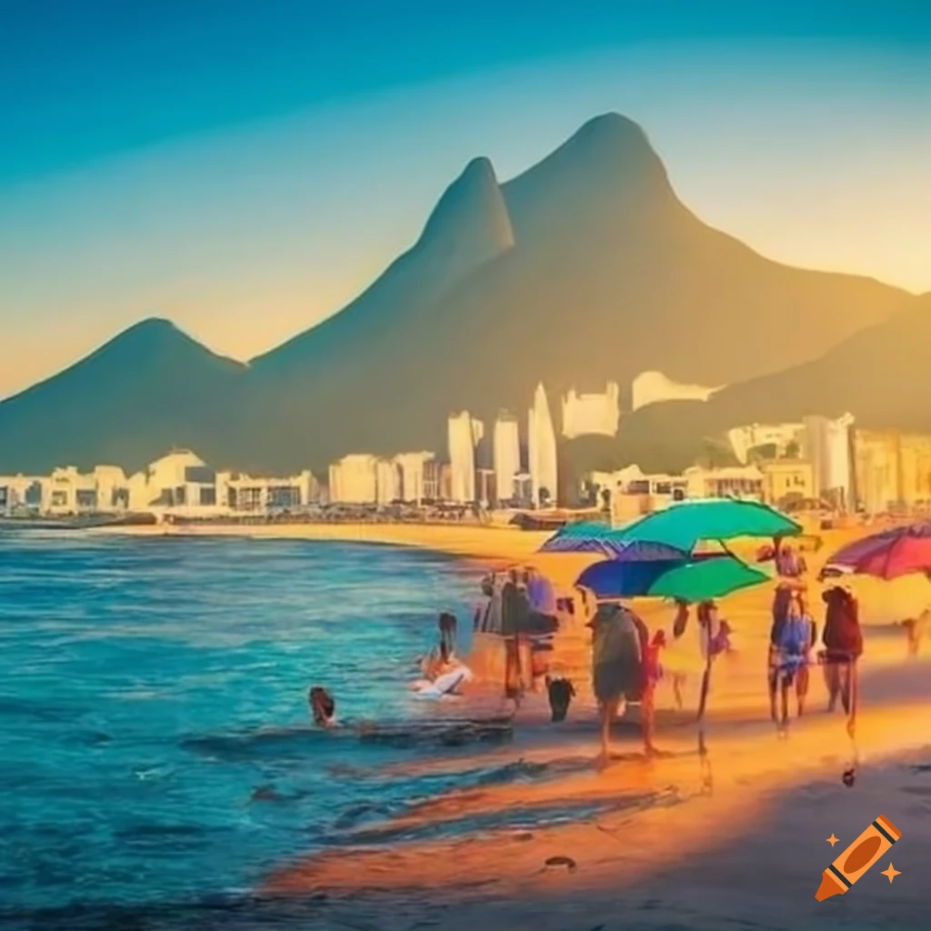 Vibrant painting of Ipanema Beach with people, colorful umbrellas, and Corcovado mountain